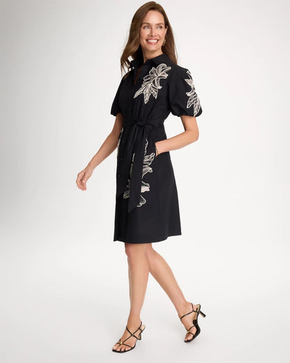 Chico's Discount - Embroidered Poplin Cotton Belted Dress Black