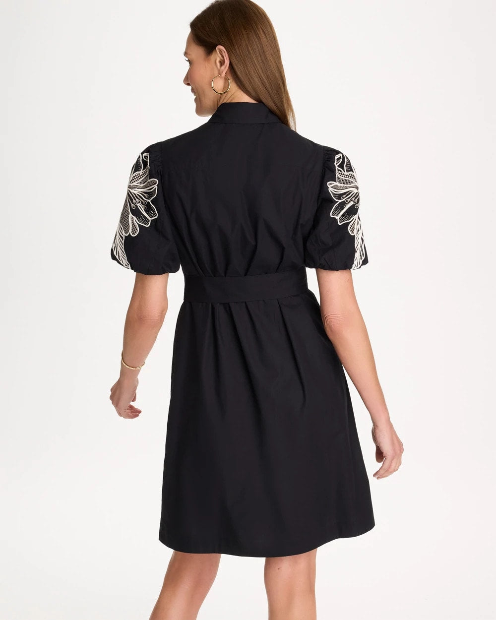Chico's Discount - Embroidered Poplin Cotton Belted Dress Black