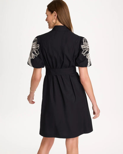 Chico's Discount - Embroidered Poplin Cotton Belted Dress Black