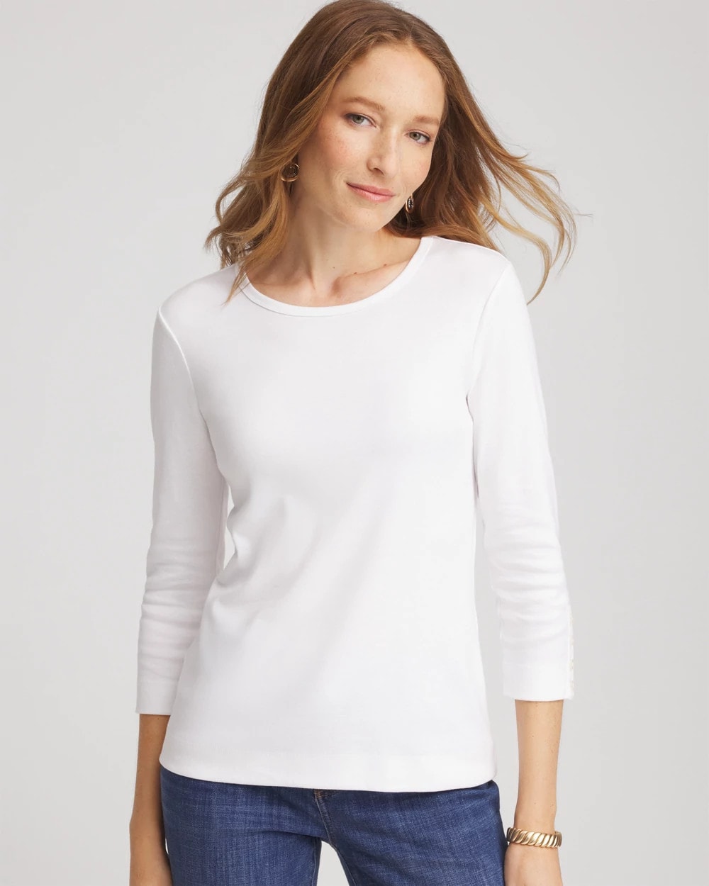 Chico's Hot Sale - Pima Cotton Crewneck Button Tee Alabaster