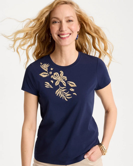Chico's Hot Sale - Cotton Stretch Cap Sleeve Embroidered Tee Passport Blue