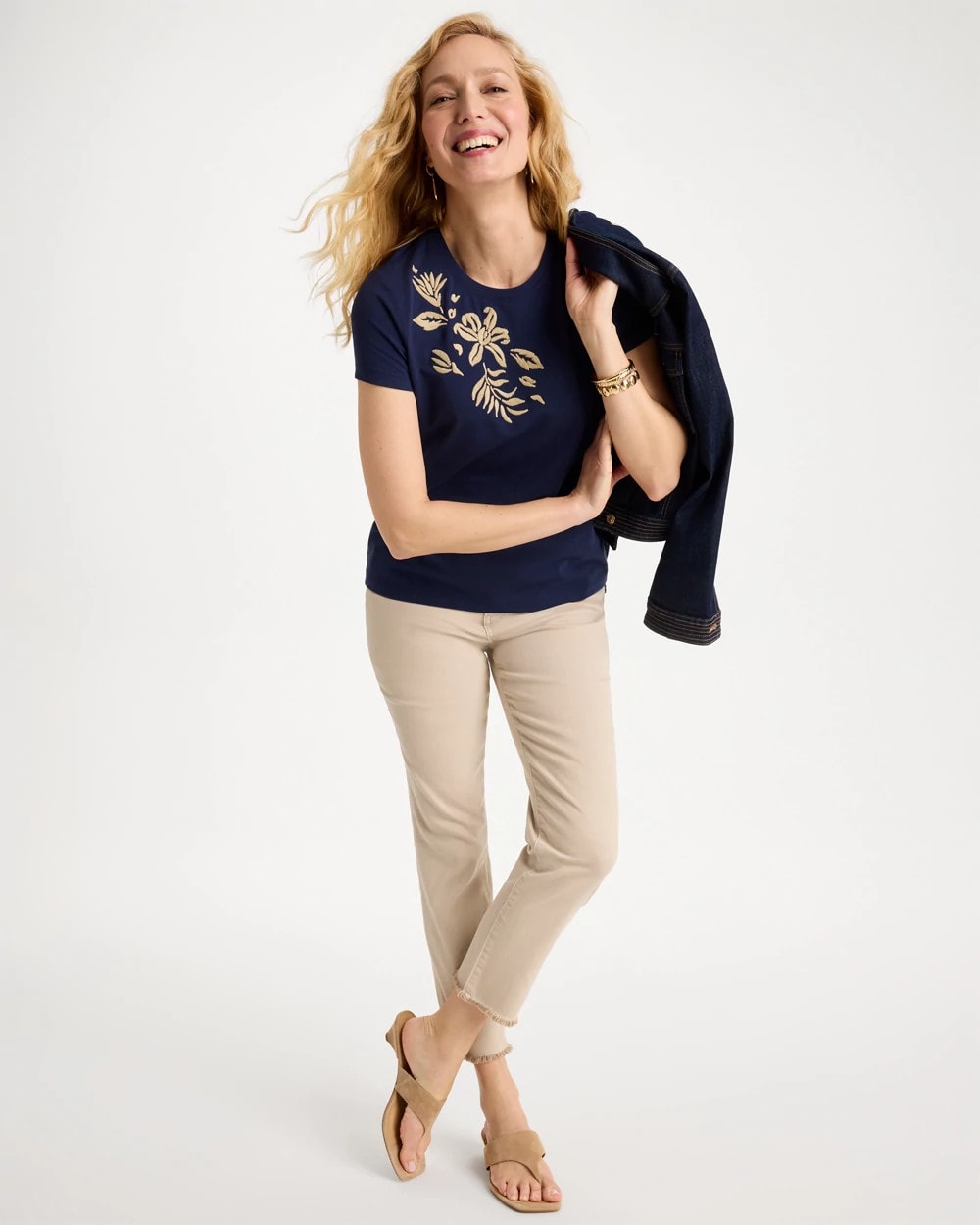 Chico's Hot Sale - Cotton Stretch Cap Sleeve Embroidered Tee Passport Blue