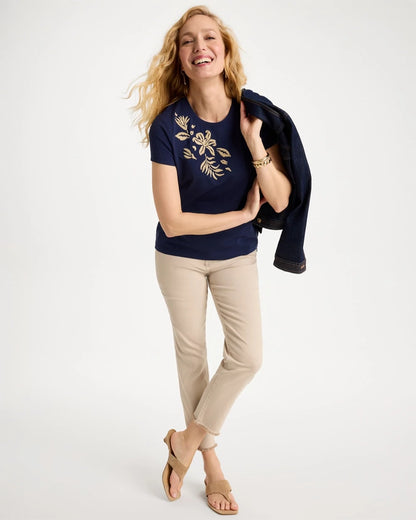 Chico's Hot Sale - Cotton Stretch Cap Sleeve Embroidered Tee Passport Blue