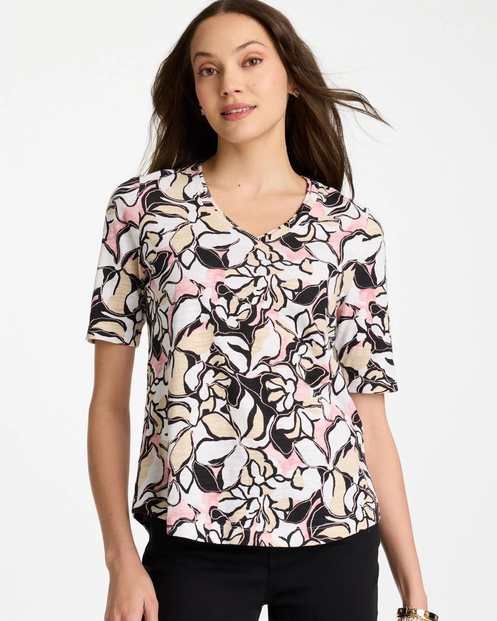 Chico's Discount - Printed Cotton Slub V-Neck Tee Black