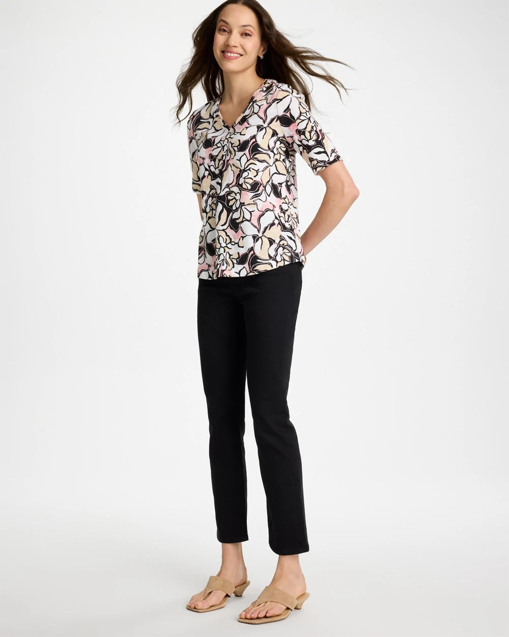 Chico's Discount - Printed Cotton Slub V-Neck Tee Black