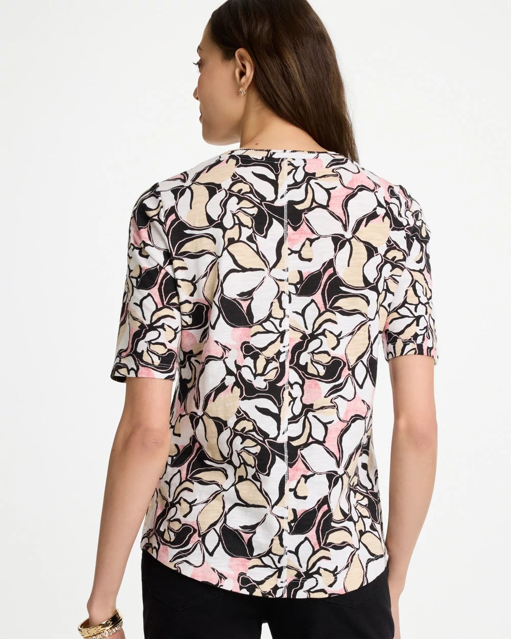 Chico's Discount - Printed Cotton Slub V-Neck Tee Black
