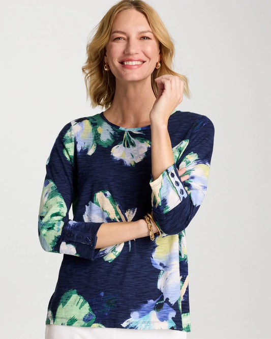 Chico's Great Value - Printed Slub Button Detail Tee Passport Blue