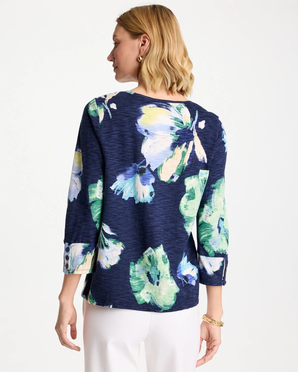 Chico's Great Value - Printed Slub Button Detail Tee Passport Blue