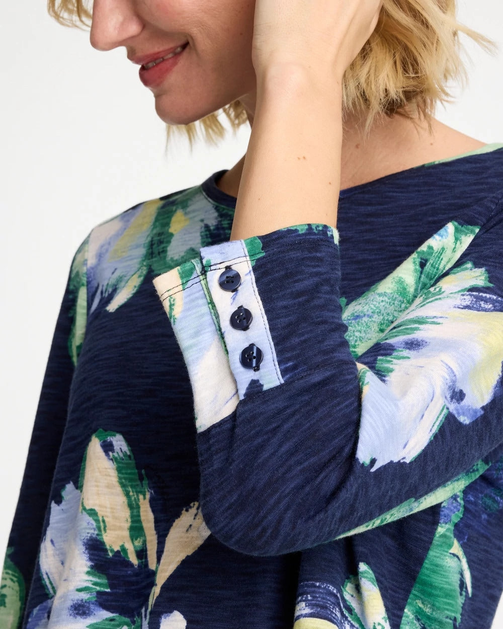 Chico's Great Value - Printed Slub Button Detail Tee Passport Blue