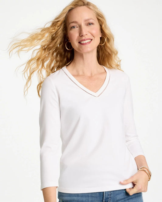 Chico's Recommended - Trim Detail Cotton Stretch 3/4 Sleeve Tee Alabaster