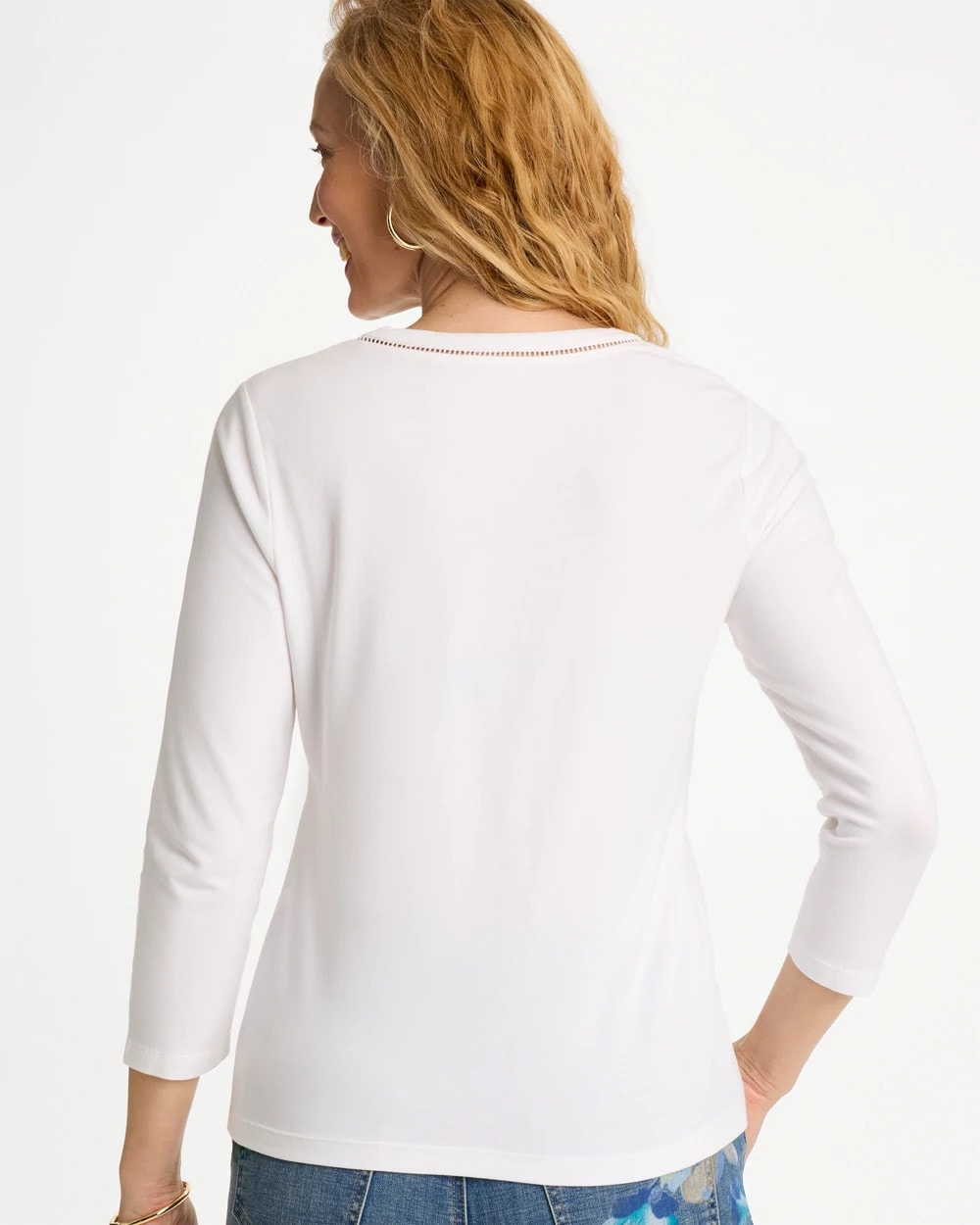 Chico's Recommended - Trim Detail Cotton Stretch 3/4 Sleeve Tee Alabaster