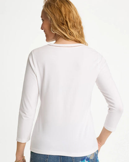 Chico's Recommended - Trim Detail Cotton Stretch 3/4 Sleeve Tee Alabaster