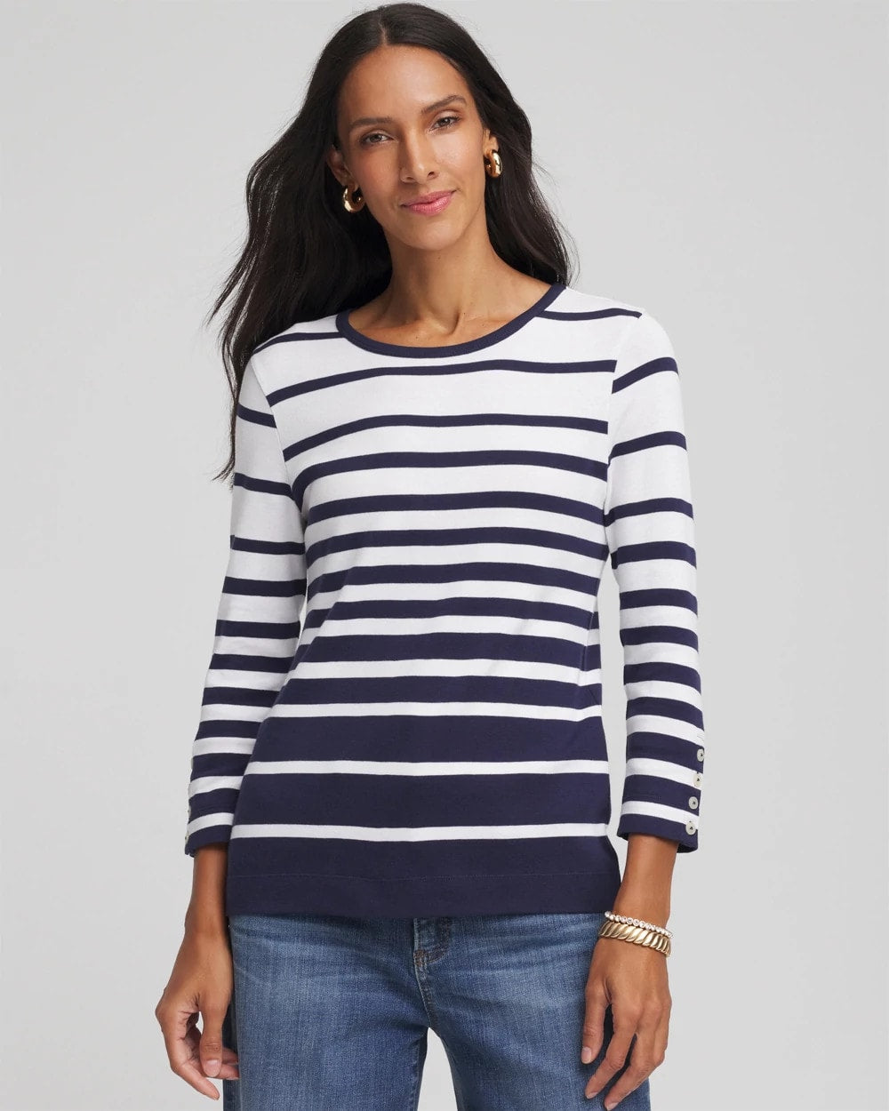 Chico's Premium - Pima Striped Button Sleeve Tee Passport Blue