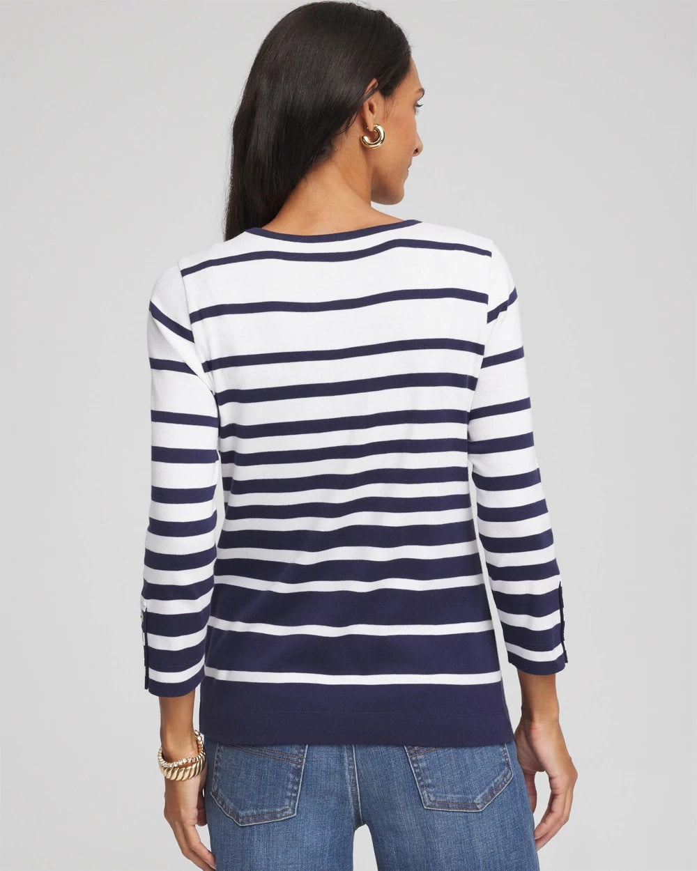 Chico's Premium - Pima Striped Button Sleeve Tee Passport Blue