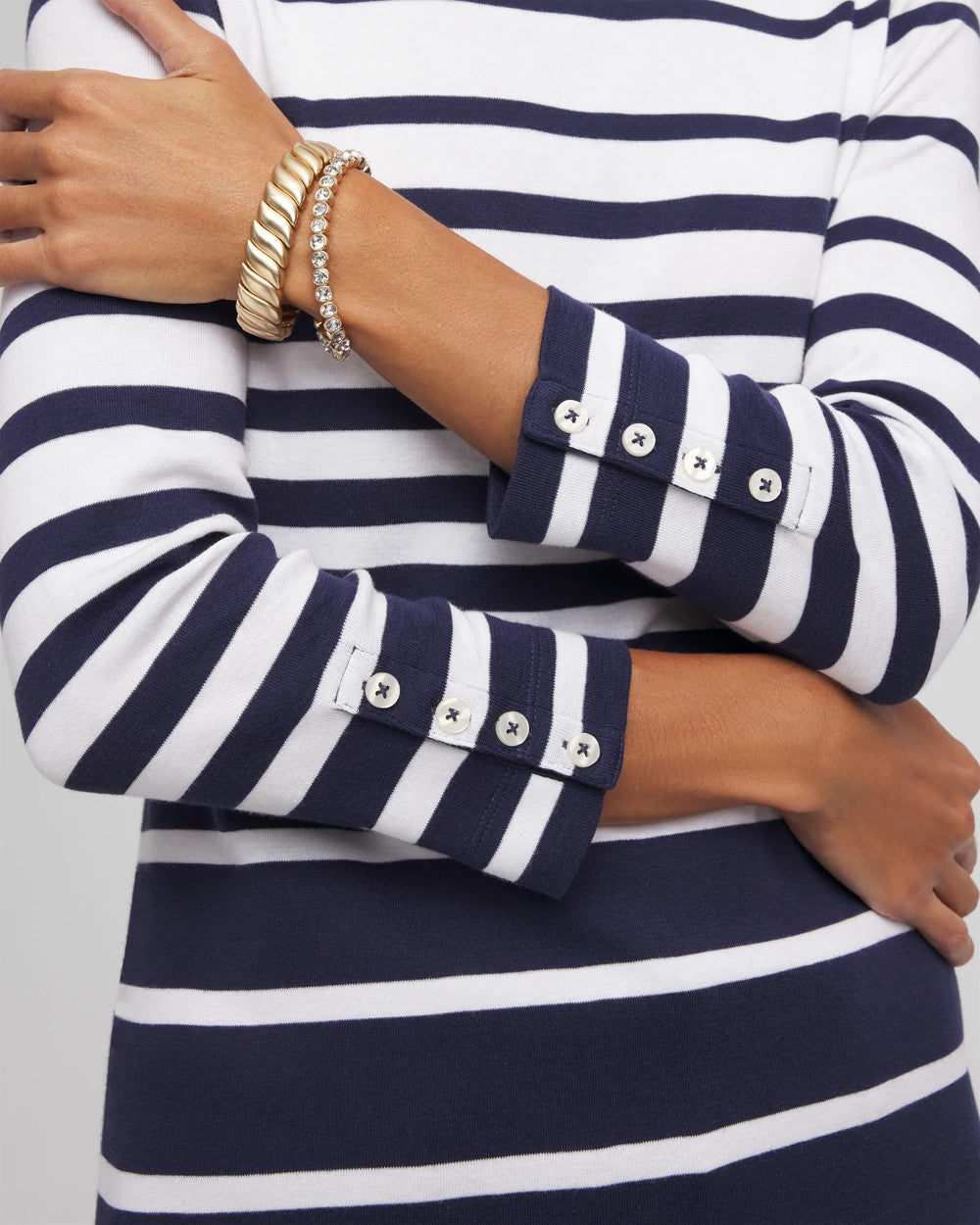 Chico's Premium - Pima Striped Button Sleeve Tee Passport Blue