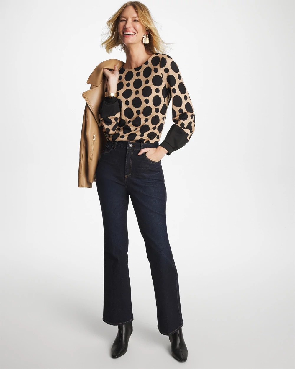 Chico's Classic - Ponte Poplin Polka-Dot Top Cattail Brown