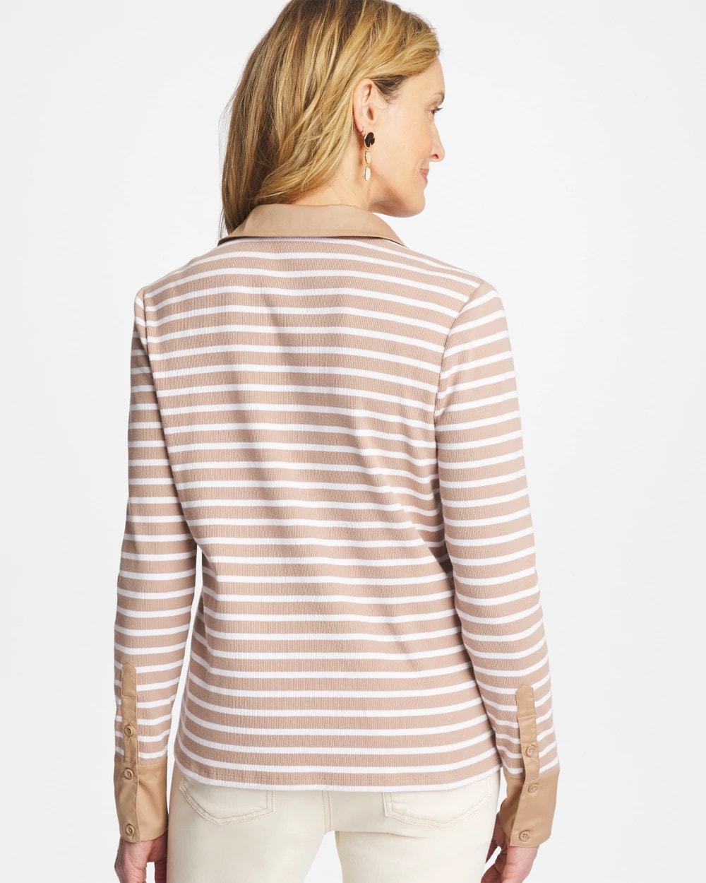 Chico's Featured - Striped Collared Rib Mix Henley Cattail Brown