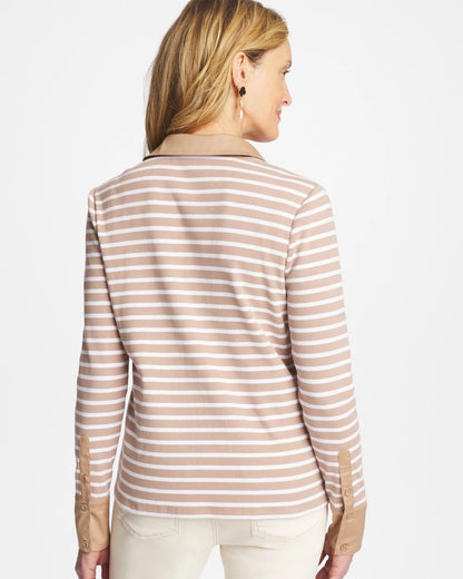 Chico's Featured - Striped Collared Rib Mix Henley Cattail Brown