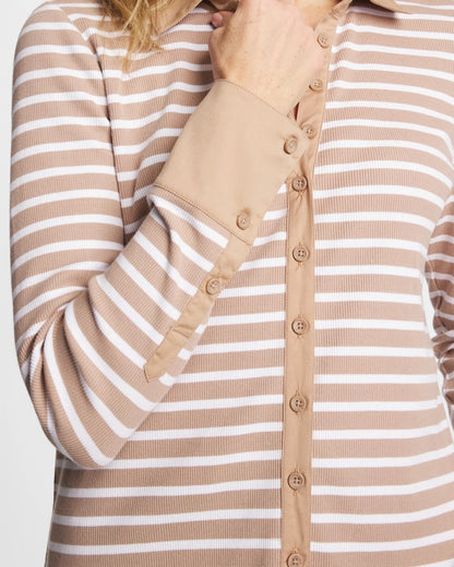 Chico's Featured - Striped Collared Rib Mix Henley Cattail Brown
