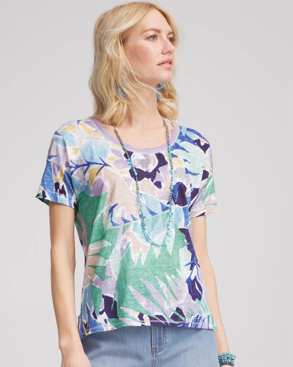 Chico's Hot Sale - Tropical Nights Sweater-Trim Linen Tee Blue Casa