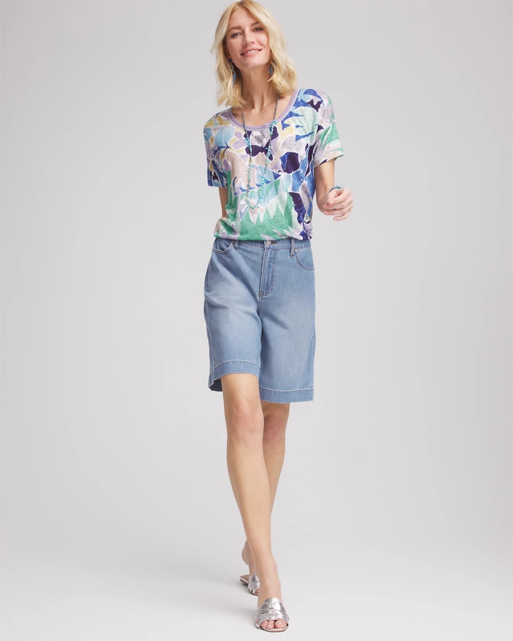 Chico's Hot Sale - Tropical Nights Sweater-Trim Linen Tee Blue Casa