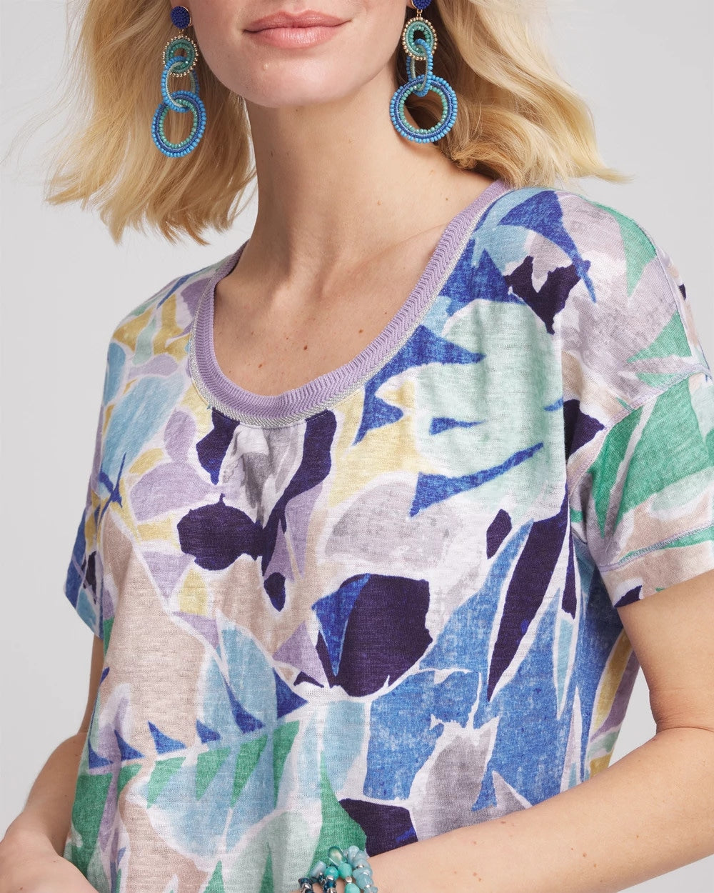 Chico's Hot Sale - Tropical Nights Sweater-Trim Linen Tee Blue Casa