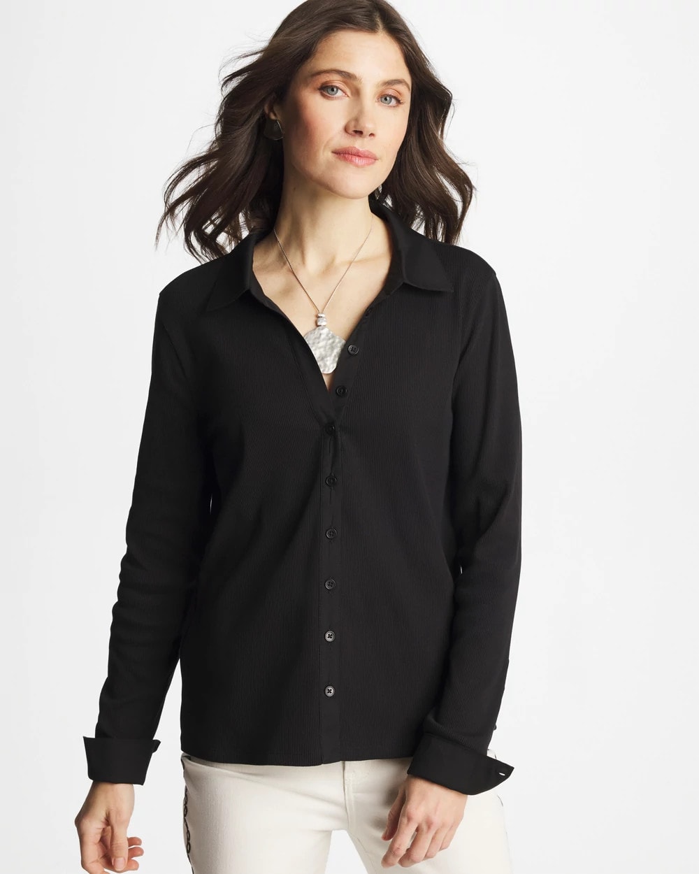 Chico's Smart Buy - Collared Rib Mix Henley Black