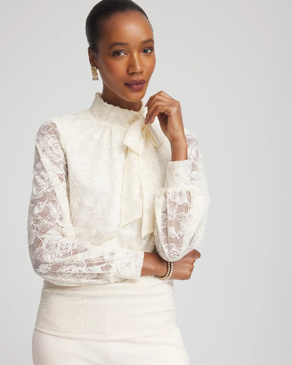 Chico's Signature - Tie-Neck Banded-Bottom Top English Cream