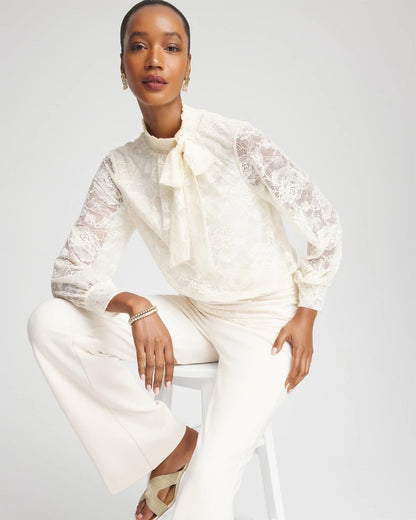 Chico's Signature - Tie-Neck Banded-Bottom Top English Cream