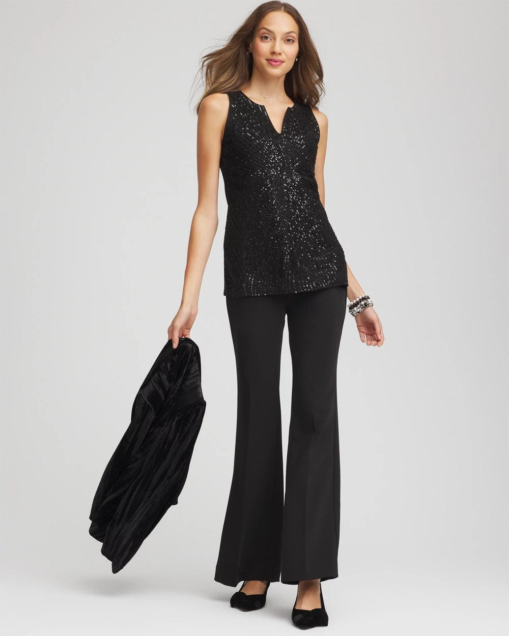 Chico's Classic - Sequin Beaded Notch Neck Tank Black