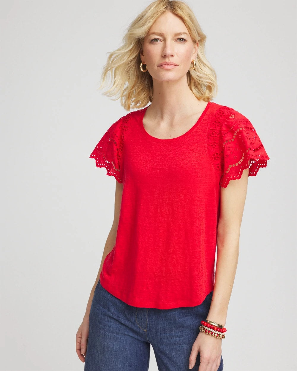 Chico's Recommended - Linen Embroidered Lace Tee Red Glow