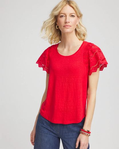 Chico's Recommended - Linen Embroidered Lace Tee Red Glow