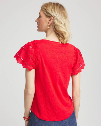 Chico's Recommended - Linen Embroidered Lace Tee Red Glow