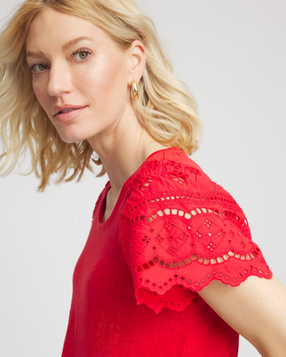 Chico's Recommended - Linen Embroidered Lace Tee Red Glow