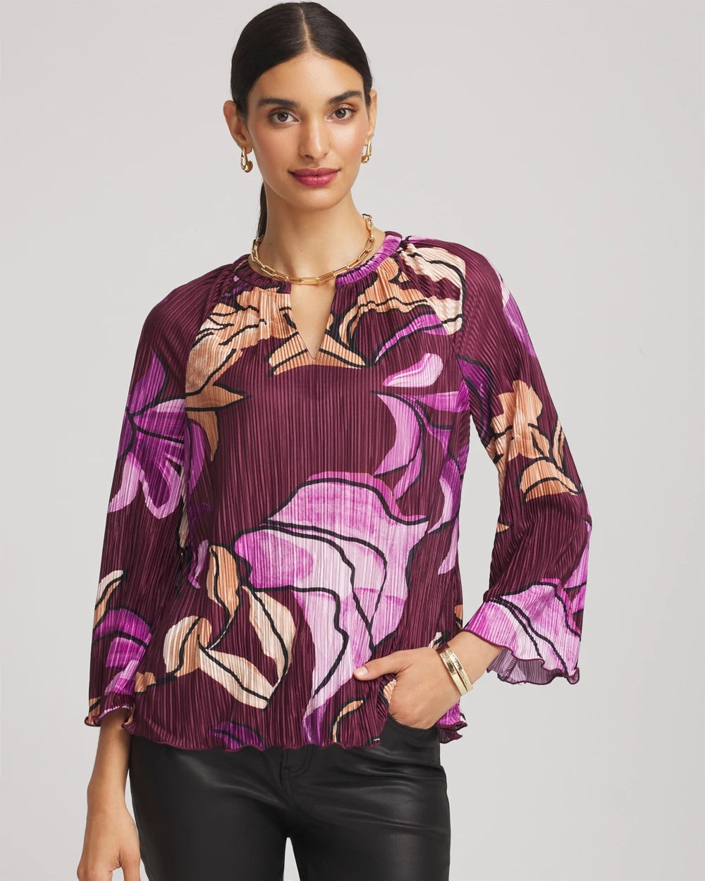 Chico's Smart Buy - Printed Pleated V-Neck Tee Deep Chianti