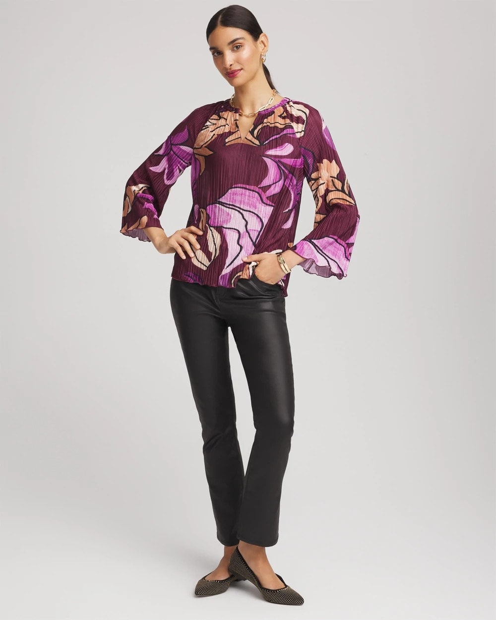 Chico's Smart Buy - Printed Pleated V-Neck Tee Deep Chianti