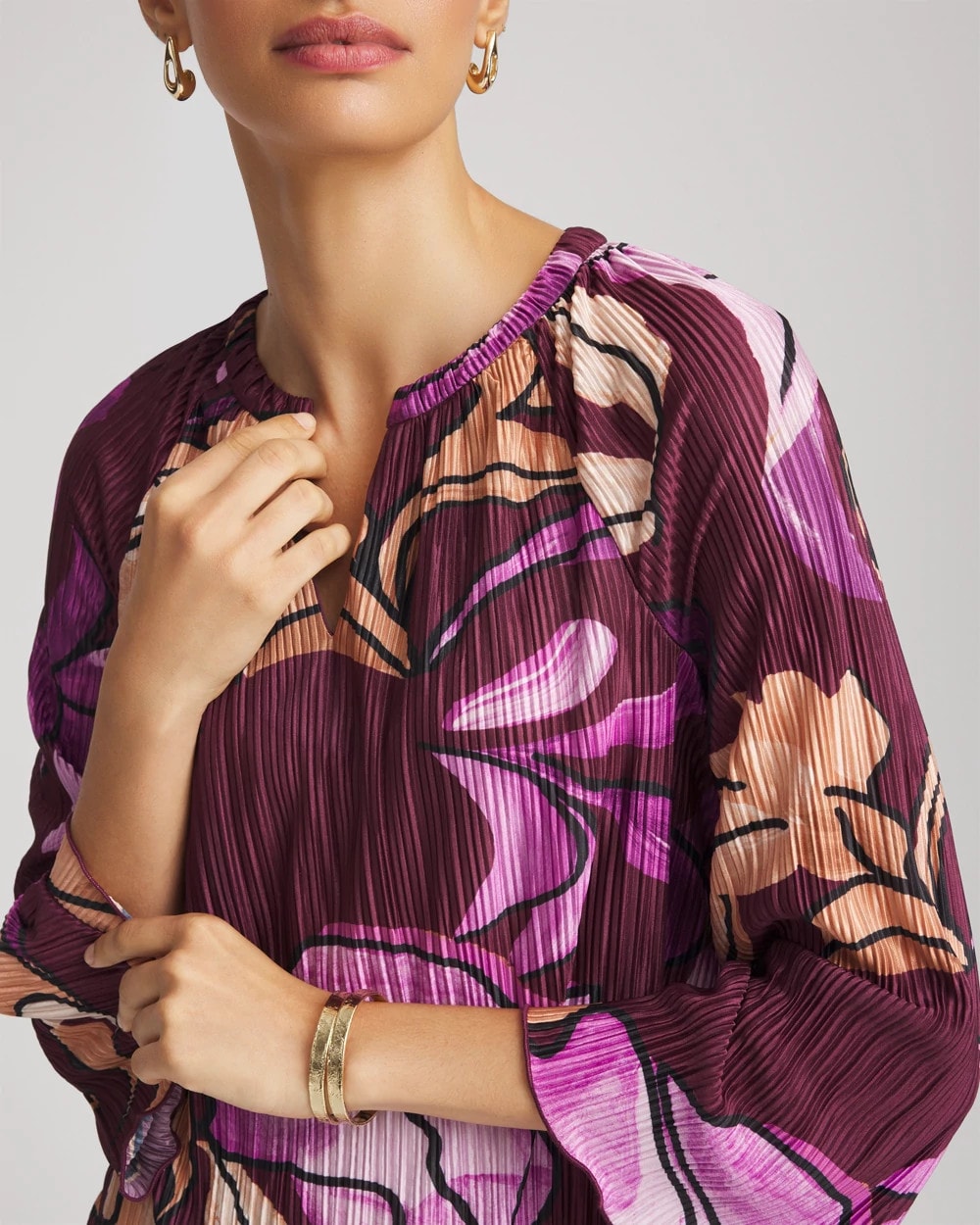 Chico's Smart Buy - Printed Pleated V-Neck Tee Deep Chianti