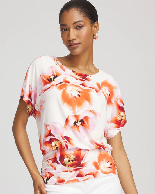 Chico's Premium - Touch of Cool™ Tropical Ruched Banded Hem Top Orange Tango