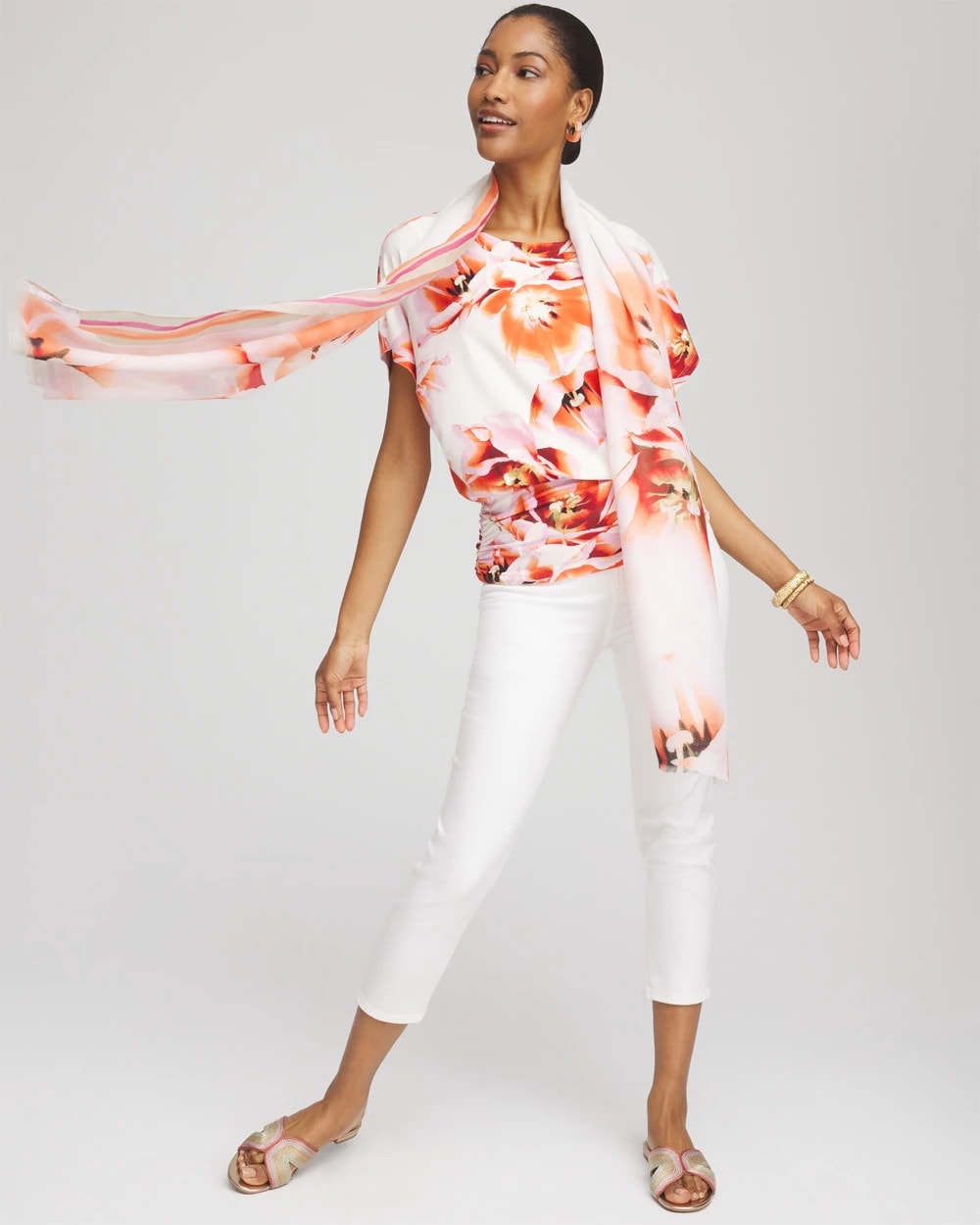 Chico's Premium - Touch of Cool™ Tropical Ruched Banded Hem Top Orange Tango