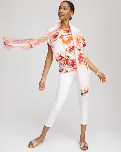 Chico's Premium - Touch of Cool™ Tropical Ruched Banded Hem Top Orange Tango