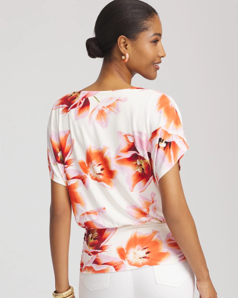 Chico's Premium - Touch of Cool™ Tropical Ruched Banded Hem Top Orange Tango
