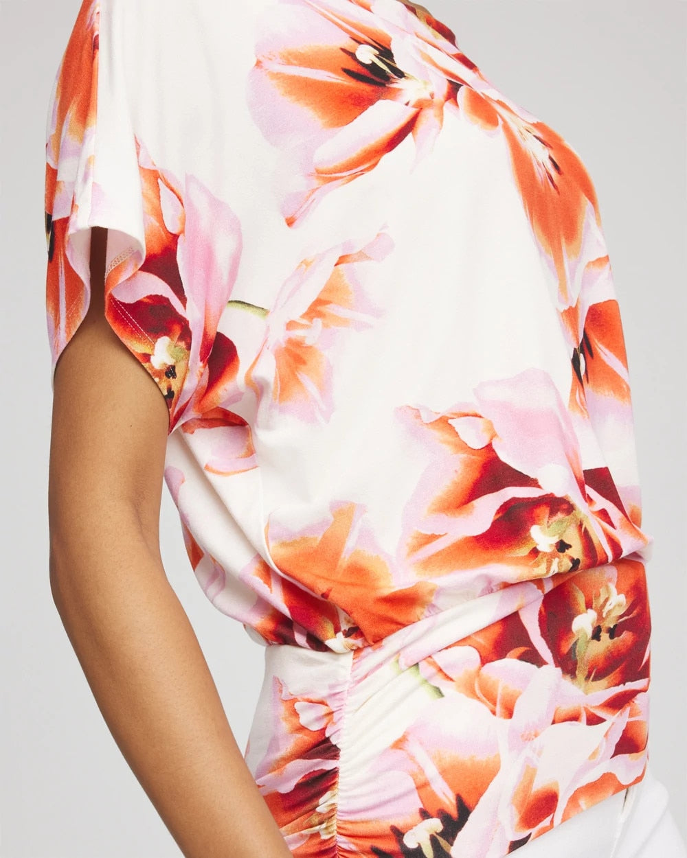 Chico's Premium - Touch of Cool™ Tropical Ruched Banded Hem Top Orange Tango