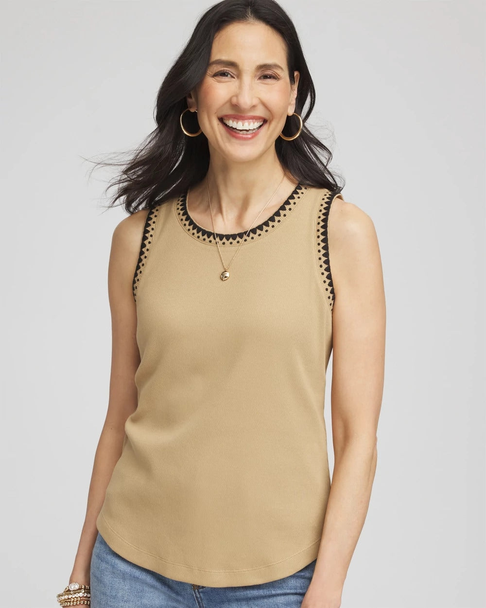 Chico's Deals - Contrast-Trim Ribbed Cotton Tank Top Cafe Aroma