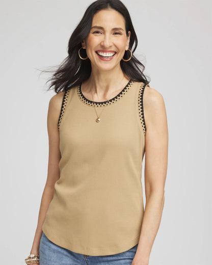 Chico's Deals - Contrast-Trim Ribbed Cotton Tank Top Cafe Aroma