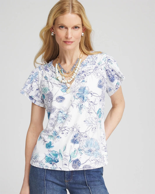 Chico's Smart Buy - Touch of Cool™ Floral Flutter Sleeve Tee Alabaster