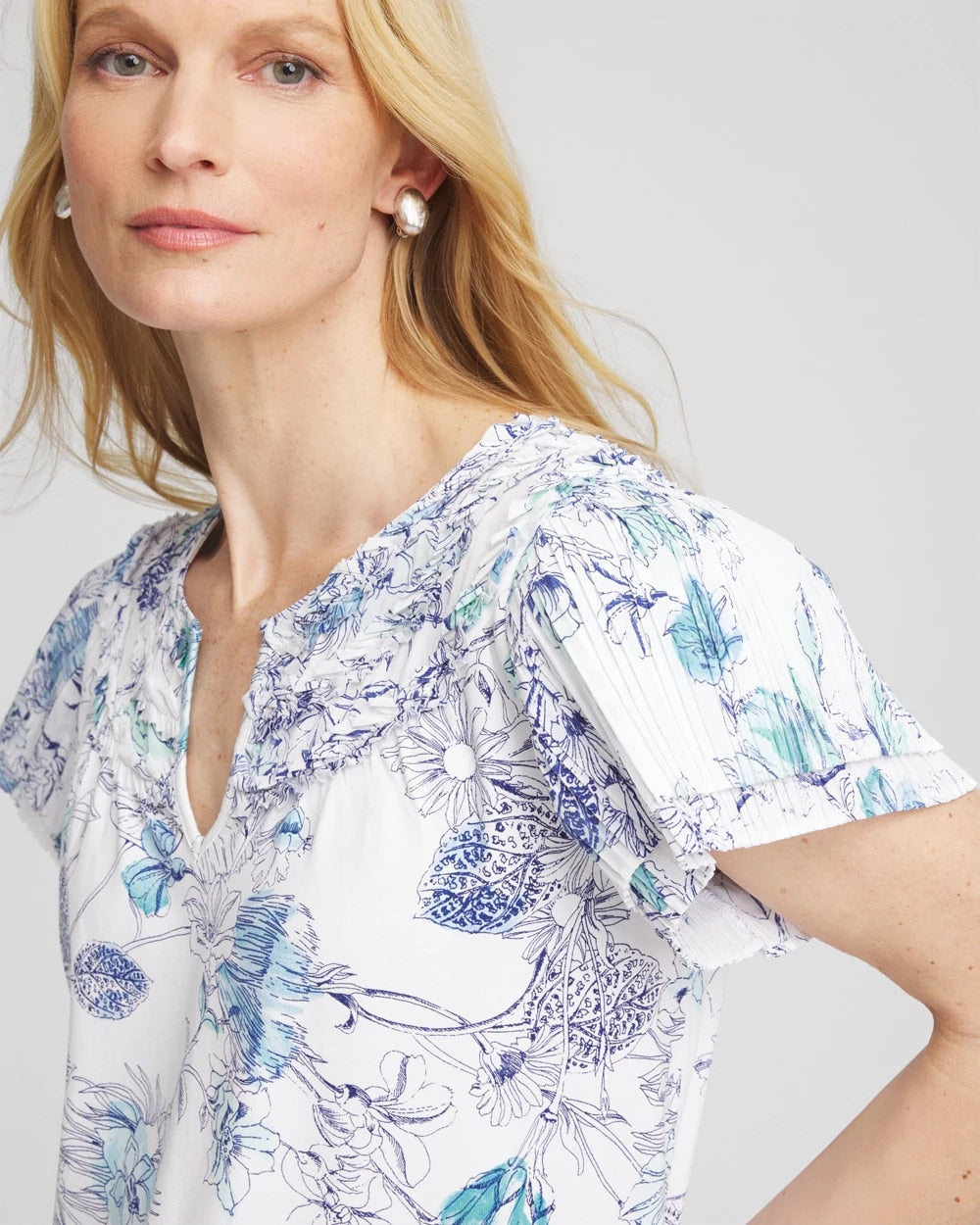 Chico's Smart Buy - Touch of Cool™ Floral Flutter Sleeve Tee Alabaster