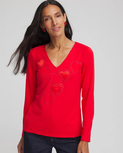 Chico's Customer Favorite - Embellished Heart V-Neck Tee Love Letter Red