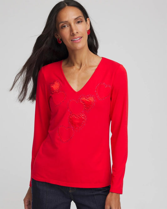Chico's Customer Favorite - Embellished Heart V-Neck Tee Love Letter Red
