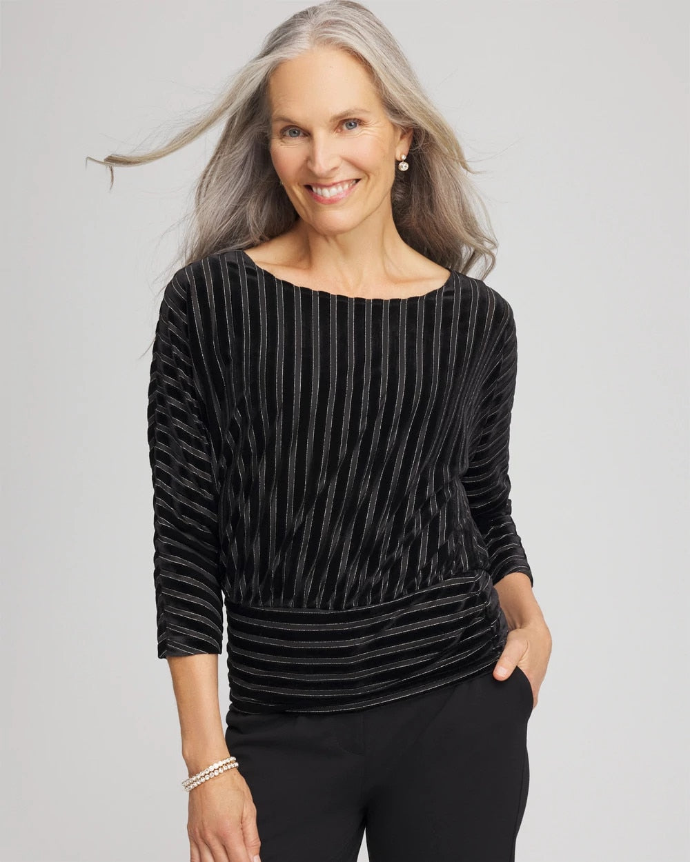 Chico's Exclusive - Velvet Burnout Stripe Banded-Bottom Top Black