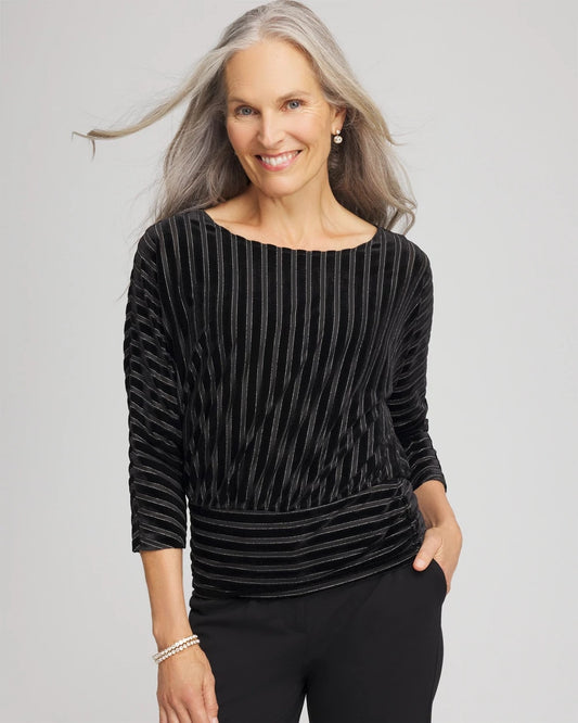 Chico's Exclusive - Velvet Burnout Stripe Banded-Bottom Top Black